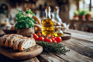 Rustic Kitchen Scene with Fresh Bread, Tomatoes, Herbs, and Olive Oil.