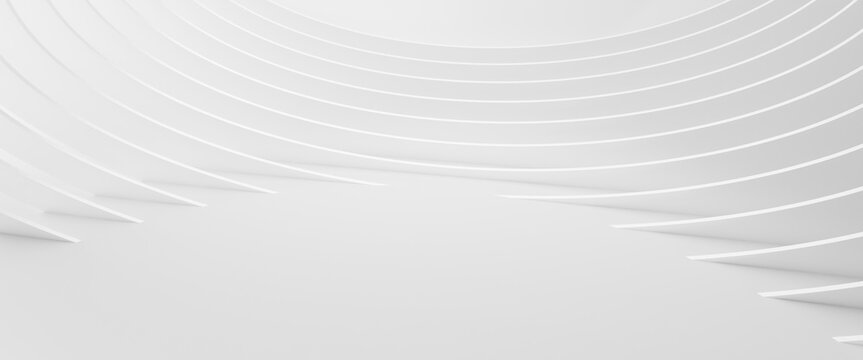 Minimalist 3D Abstract White Architecture Featuring Curved Parallel Fins, Excellent for Corporate Strategy, Futuristic Concepts, and Modern Design Presentations.