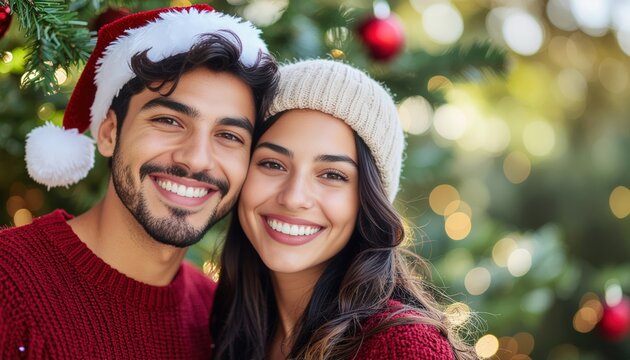 Cheerful holiday couple posing together christmas tree background portrait photography festive environment warm viewpoint love and joy concept