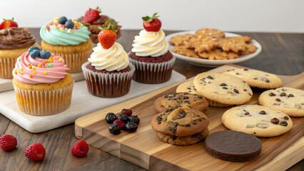 Assortment of baked goods displayed on a wooden surface with various styles and flavors
