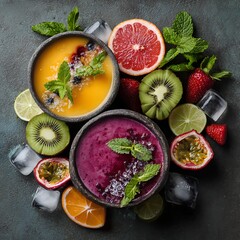 Vibrant Fruit Smoothie Bowls with Fresh Ingredients.