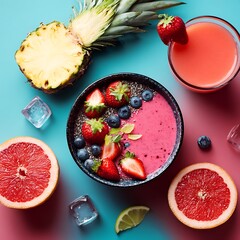 Vibrant Smoothie Bowl with Fresh Fruits and Juice.