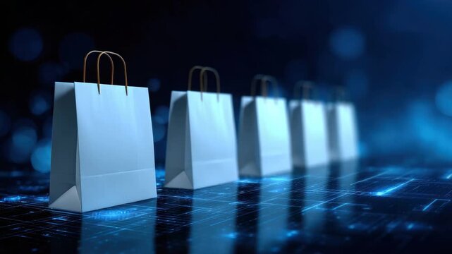 Several white shopping bags with handles stand on a glowing surface against a blue bokeh backdrop