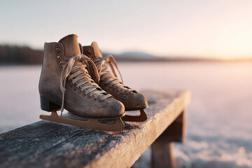 Vintage figure skates rest on a weathered bench against a winter landscape. Captures a peaceful moment, hinting at outdoor adventures, memories and seasonal recreation.