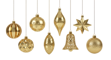 Collection of Golden Christmas Ornaments Hanging isolated on a transparent background holiday