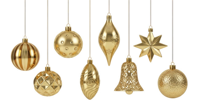 Collection of Golden Christmas Ornaments Hanging isolated on a transparent background holiday