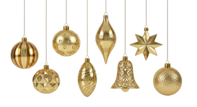Collection of Golden Christmas Ornaments Hanging isolated on a transparent background holiday