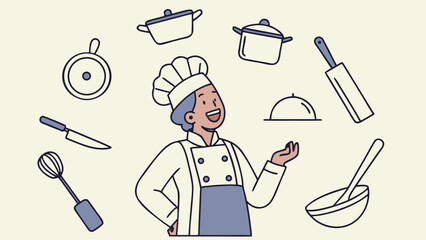 A chef in uniform surrounded by kitchen utensils including pots pans knives and a whisk on a light background