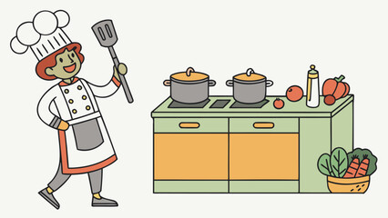 Chef holding spatula stands near stove with pots and vegetables in a kitchen illustration style