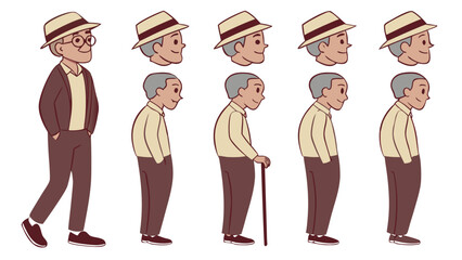 Illustration of an old man in various stages of aging and posture changes with and without a walking stick