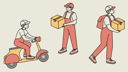 Three delivery men in different poses delivering packages on a scooter and on foot in a light setting