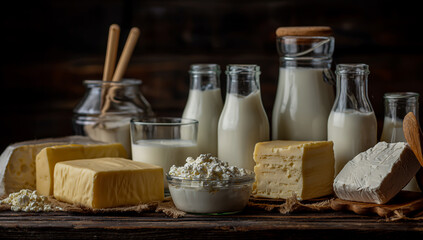 Assortment of dairy products including milk bottles and various cheeses on a wooden surface