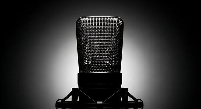 A close up shot of a black microphone with a mesh grill against a gradient background in studio