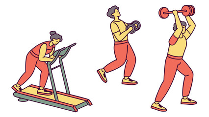 People exercising with treadmill, dumbbells, and barbell in a fitness themed vector illustration design