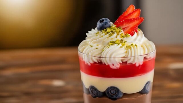 Delicious layered dessert parfait with fresh strawberries, blueberries, and whipped cream on a