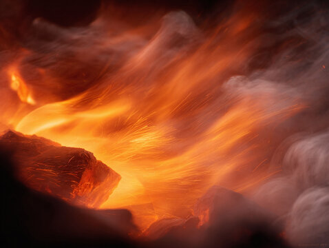 Intense heat and energy emanate from this dynamic image of glowing embers and swirling smoke. Evokes themes of passion, transformation, and industrial power. Great for backgrounds