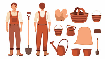 Illustration of a man in overalls with gardening tools like a shovel watering can and buckets around him
