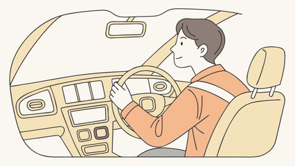 A cartoon illustration of a man with short brown hair driving a car with a beige interior and orange shirt