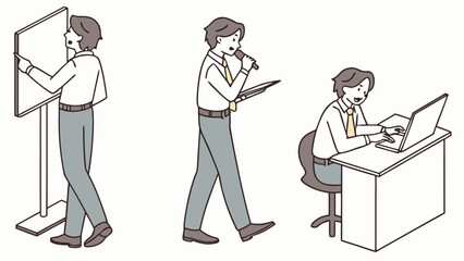 Three illustrations of a man in business attire presenting, speaking, and working on a laptop computer