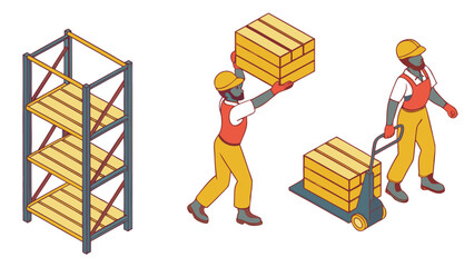 Isometric view of workers handling boxes with a shelf and a cart in a warehouse setting shows logistics