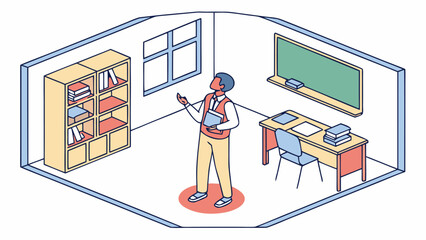 Illustration of a teacher in a classroom with a bookshelf, desk, chalkboard, and a large window