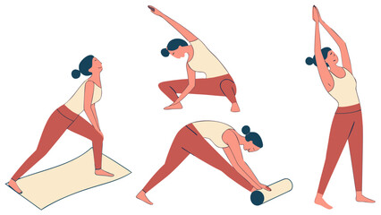 Illustration showing a woman in various yoga poses including stretching and balancing on a mat and roller