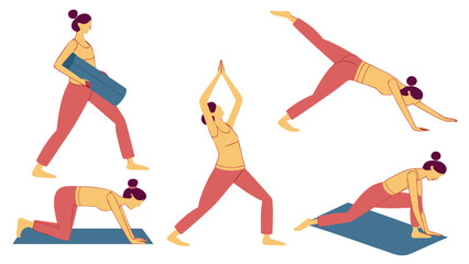 Illustration of a woman in various yoga poses including warrior tree and downward dog on white background