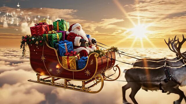 Magical Santa Claus in sleigh with gifts soars through golden clouds pulled by reindeer on Christmas Eve delivering joy