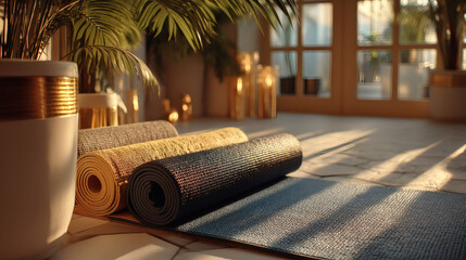  
 	
High angle overhead view of a clean yoga studio floor with rolled mats and a plant corner, golden ratio grid arrangement of mats, natural daylight filtering in, subtle warm lighting accent.