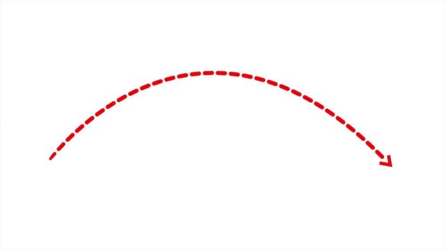 Red dashed curved arrow animation on white background, smooth motion graphic direction indicator with dotted line path, clean sketch-style arrow movement for guides, highlights and video editing 