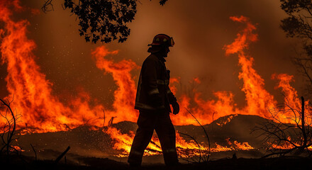 Brave firefighter silhouetted against intense wildfire flames battling dangerous blaze