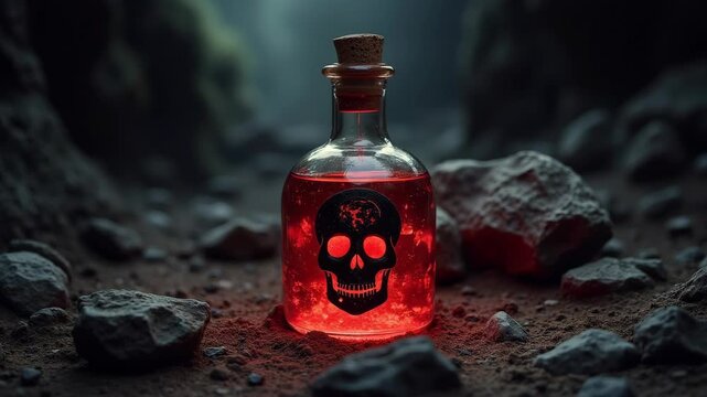 Glass bottle with red glowing liquid on dark ground. Black skull symbol with red eyes on bottle. Cork stopper on top. Rocks surround the dangerous toxic potion. Magical elixir in a scary dark cave.