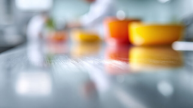 Abstract kitchen scene. Colorful bowls on a reflective counter suggest food preparation. Use for culinary, restaurant, or healthy eating concepts.