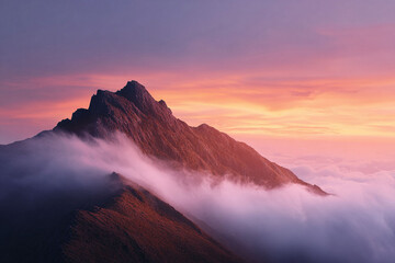 Fototapeta premium Majestic mountain peak emerges from ethereal clouds under a vibrant sunrise sky. Inspiring landscape for travel, adventure, or achieving goals concepts.