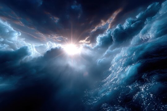 Dark stormy clouds parting to reveal sunlight over turbulent ocean waves at dawn