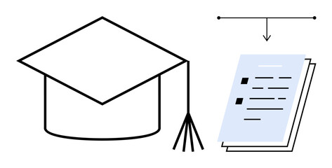 Graduation cap with tassel beside academic documents with an arrow illustrating knowledge flow. Ideal for education, learning, achievement, certification, career growth, teaching, academic success