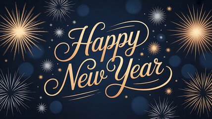 Elegant happy new year greeting card with golden fireworks on dark background