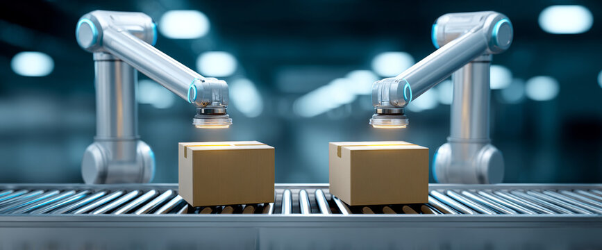 Automated robotic arms inspecting cardboard boxes on conveyor belt in modern industrial warehouse with blurred background - Powered by Adobe