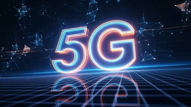 The fifth generation of mobile network technology concept with a blue and orange neon light on a futuristic digital grid background
