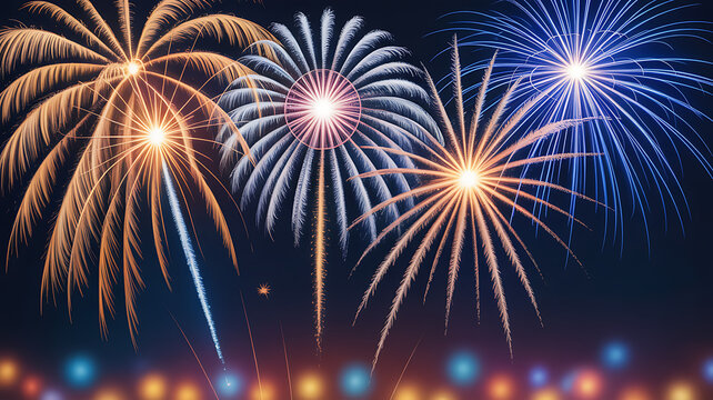 Brilliant fireworks illuminate the night sky with a dazzling display of colors