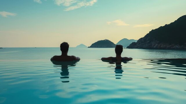 Couple relaxing in infinity pool enjoying sea view