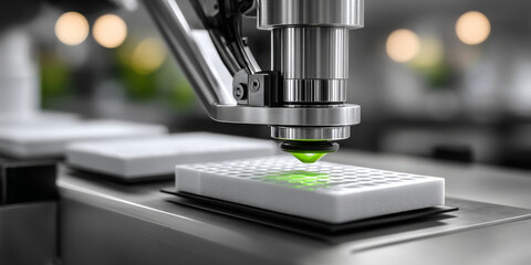 Close-up of automated laboratory equipment dispensing green liquid onto a white multi-well plate in a scientific research setting