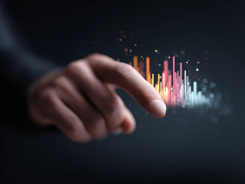 Finger touching a digital graph. Represents data analysis, technological advancement, innovation,  progress. Ideal for business, finance, tech themes.