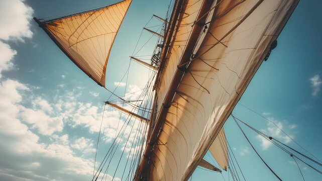 Tall ship sails waving in the wind against blue sky