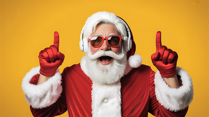 Santa claus with sunglasses and headphones pointing up against yellow backdrop