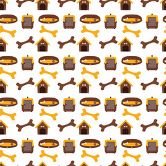 Rest and travel seamless pattern with dog beds, portable carriers, kennels, bones for versatile use