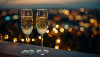 Two elegant champagne flutes filled with bubbly golden champagne against a blurred bokeh city lights background
