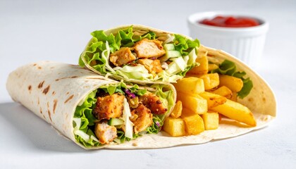 Delicious Chicken Wrap with Fresh Lettuce and Crispy Fries on a White Background Ready to be Served and Enjoyed.