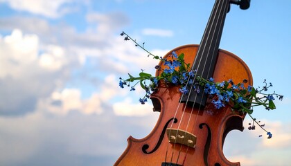 Violin decorated with forget-me-nots against a blue sky with clouds for music art and imagination.