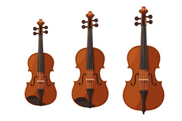 Fototapeta premium Three classical wooden string instruments of different sizes arranged vertically on a clean white background